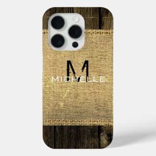 Burlap Rustic  Wood Kijk Monogram iPhone 15 Pro Case