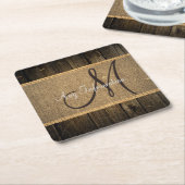 Burlap Rustic Wood Kijk Monogram Kartonnen Onderzetters (Schuin)