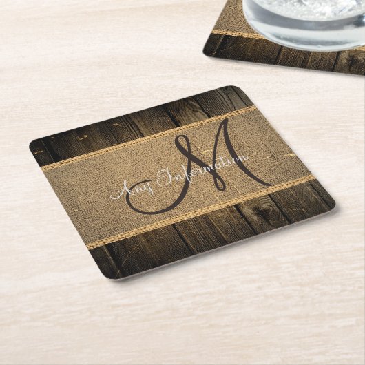  Burlap Rustic Wood Kijk Monogram Kartonnen Onderzetters (Schuin)