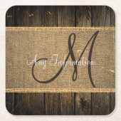  Burlap Rustic Wood Kijk Monogram Kartonnen Onderzetters (Voorkant)