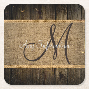  Burlap Rustic Wood Kijk Monogram Kartonnen Onderzetters