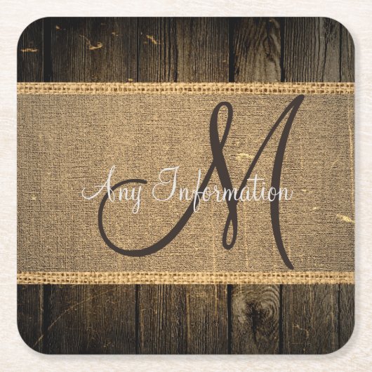 Burlap Rustic Wood Kijk Monogram Kartonnen Onderzetters (Voorkant)