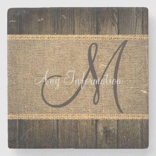 Burlap Rustic Wood Kijk Monogram Stenen Onderzetter