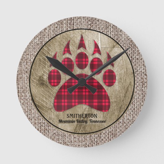 Burlap Rustic Wood Red Buffalo Pset Beer Paw Ronde Klok (Voorkant)