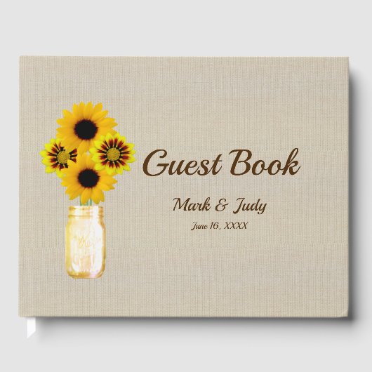Burlap Rustic Yellow Floral Mason Jar Wedding Gastenboek (Voorkant)