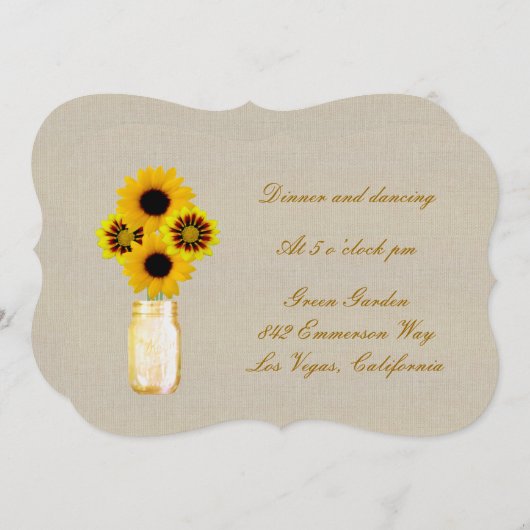 Burlap Rustic Yellow Mason Jar Reception Kaart (Voorkant / Achterkant)