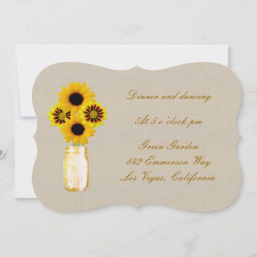 Burlap Rustic Yellow Mason Jar Reception Kaart (Voorkant)