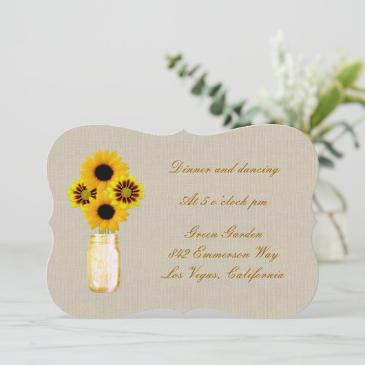 Burlap Rustic Yellow Mason Jar Reception Kaart (Staand voorkant)