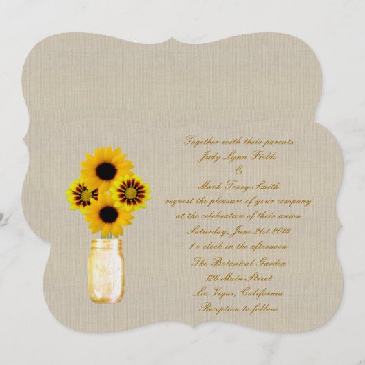 Burlap Rustic Yellow Mason Jar Wedding Invitation Kaart (Voorkant / Achterkant)