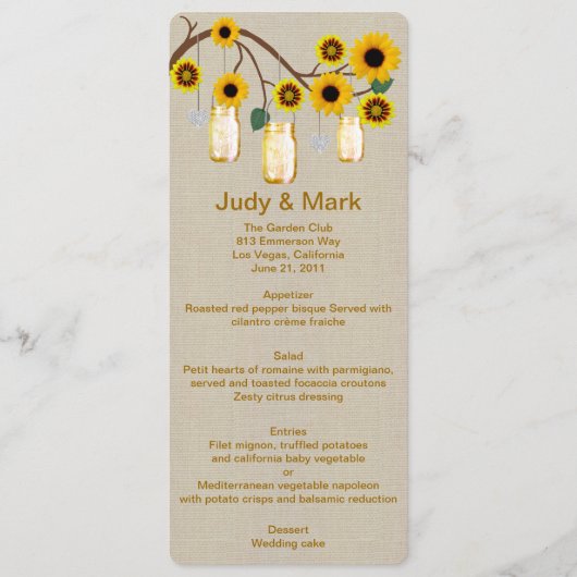 Burlap Rustic Yellow Mason Jars Menu Kaart (Voorkant)