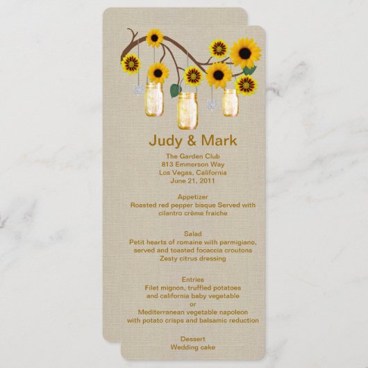 Burlap Rustic Yellow Mason Jars Menu Kaart (Voorkant / Achterkant)