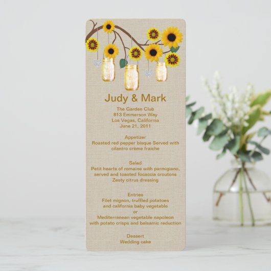 Burlap Rustic Yellow Mason Jars Menu Kaart (Staand voorkant)