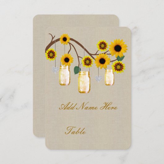 Burlap Rustic Yellow Mason Jars Table Place card Kaart (Voorkant / Achterkant)