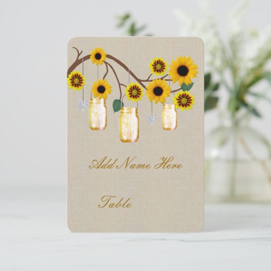 Burlap Rustic Yellow Mason Jars Table Place card Kaart (Staand voorkant)