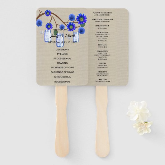 Burlap rustieke blauwe bloemenmetselaar potten bru handwaaier (Voorkant en achterkant)