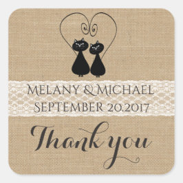 Burlap rustieke grappige katten in de liefde bruil vierkante sticker