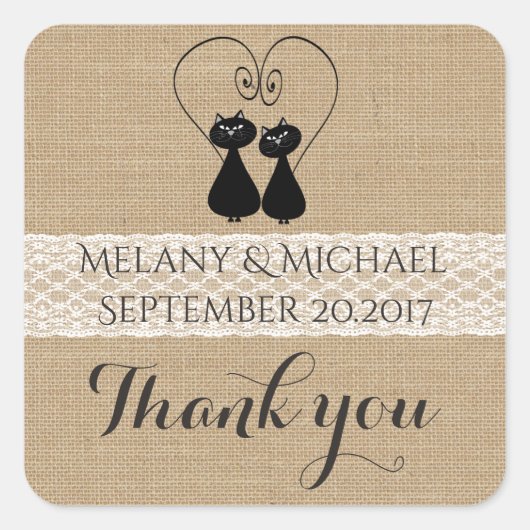 Burlap rustieke grappige katten in de liefde bruil vierkante sticker (Voorkant)