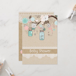 Burlap rustieke kant Mason Jar Baby shower uitnodi Kaart