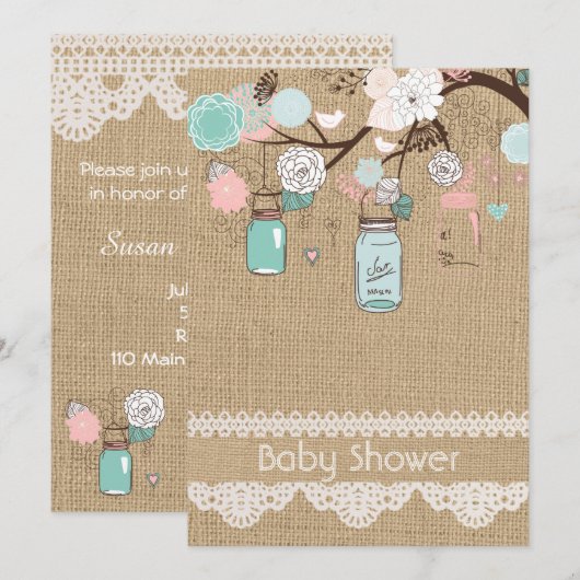 Burlap rustieke kant Mason Jar Baby shower uitnodi Kaart (Voorkant / Achterkant)