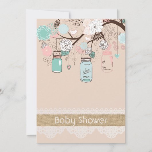 Burlap rustieke kant Mason Jar Baby shower uitnodi Kaart (Voorkant)