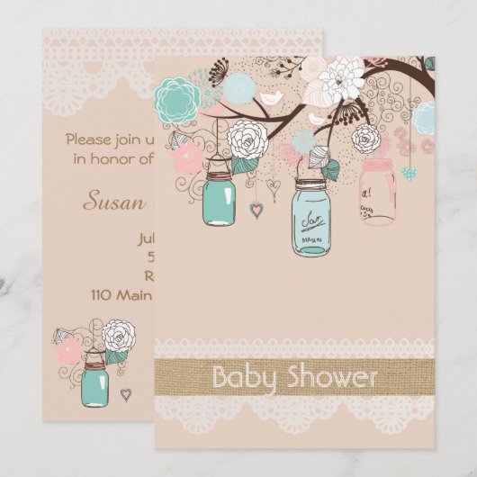 Burlap rustieke kant Mason Jar Baby shower uitnodi Kaart (Voorkant / Achterkant)