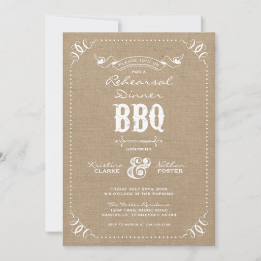 Burlap rustieke repetitie diner BBQ uitnodiging (Voorkant)