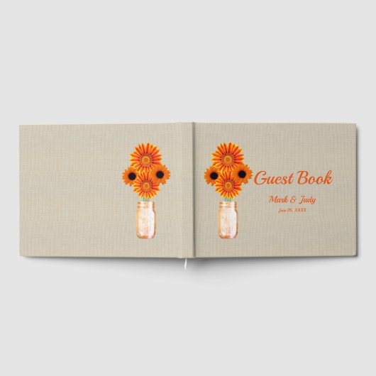 Burlap rustieke Sinaasappel bloemenmetselaar kruik Gastenboek (Volledig)