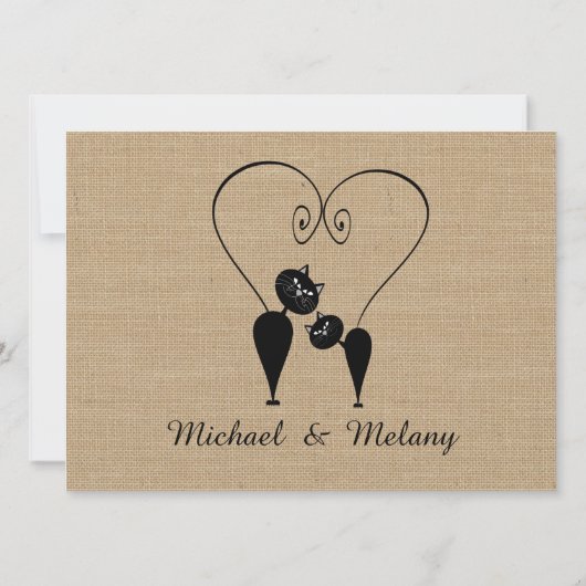 Burlap rustige, grappige katten uit liefde bruilof kaart (Achterkant)