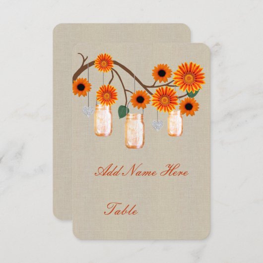 Burlap Rustisch Oranje Mason Jars Table Place Card Kaart (Voorkant / Achterkant)