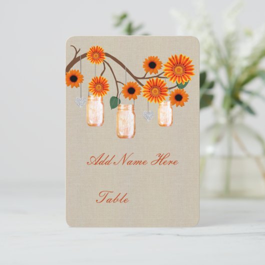 Burlap Rustisch Oranje Mason Jars Table Place Card Kaart (Staand voorkant)