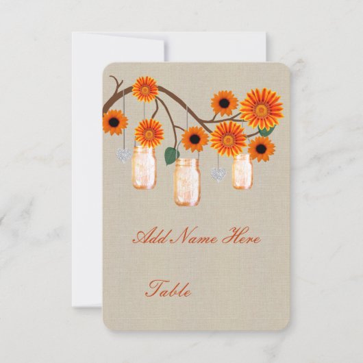 Burlap Rustisch Oranje Mason Jars Table Place Card Kaart (Voorkant)