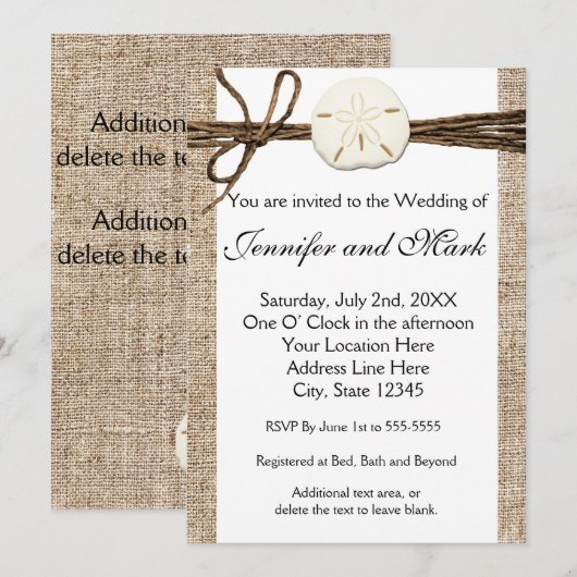 Burlap Sand Dollar Beach Rustieke bruiloft uitnodi Kaart (Voorkant / Achterkant)