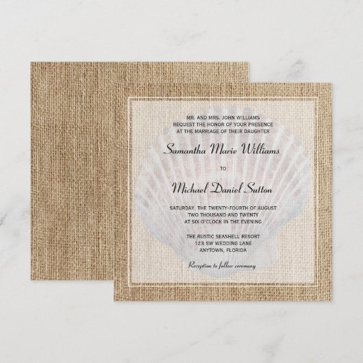 Burlap Seashell White Border Wedding Invitations Kaart (Voorkant / Achterkant)
