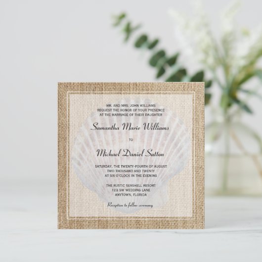 Burlap Seashell White Border Wedding Invitations Kaart (Staand voorkant)