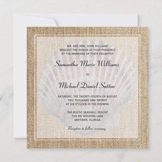 Burlap Seashell White Border Wedding Invitations Kaart (Voorkant)