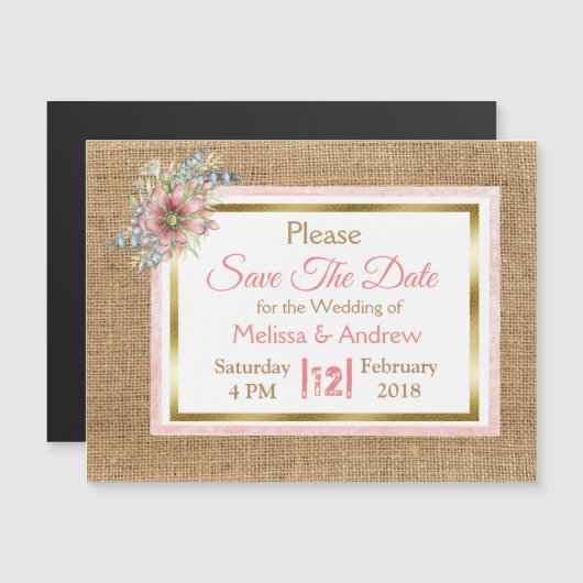 Burlap Shabby Floral Save the Date Wedding Magnet Magnetische Uitnodiging (Voorkant / Achterkant)