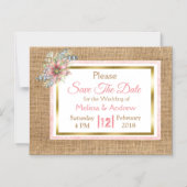 Burlap Shabby Floral Save the Date Wedding Magnet Magnetische Uitnodiging (Voorkant)