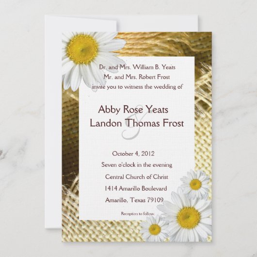 Burlap Shasta Daisy Rustic Wedding Invitation Kaart (Voorkant)