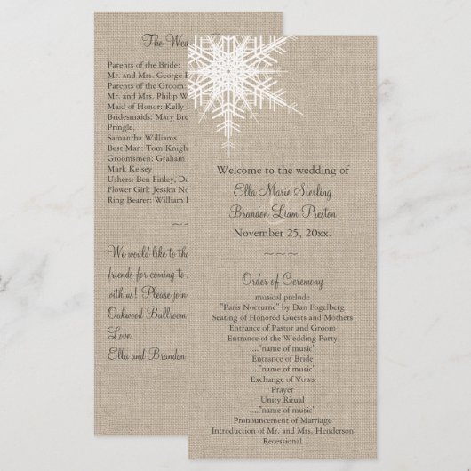 Burlap Snowflake Wedding Program Programmakaart (Voorkant / Achterkant)