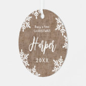 Burlap Snowflakes Baby's eerste kerstscript Metalen Ornament (Voorkant links)