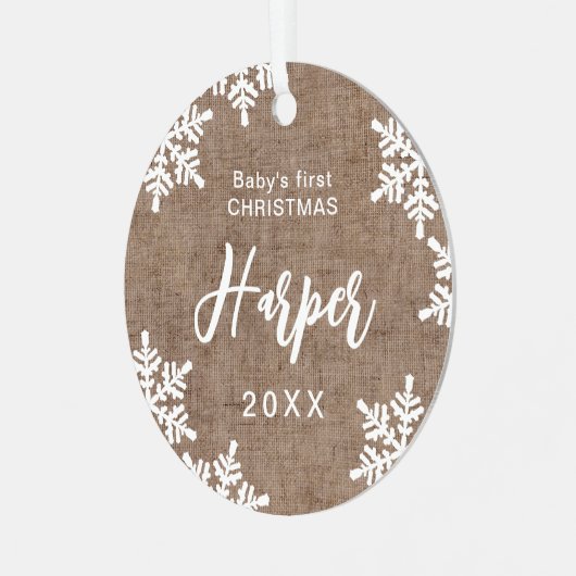Burlap Snowflakes Baby's eerste kerstscript Metalen Ornament (Voorkant links)