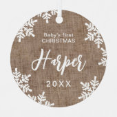 Burlap Snowflakes Baby's eerste kerstscript Metalen Ornament (Voorkant)