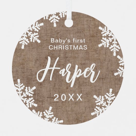 Burlap Snowflakes Baby's eerste kerstscript Metalen Ornament (Voorkant)