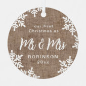 Burlap Snowflakes Our First Kerstman Mr & Mrs. Metalen Ornament (Voorkant)