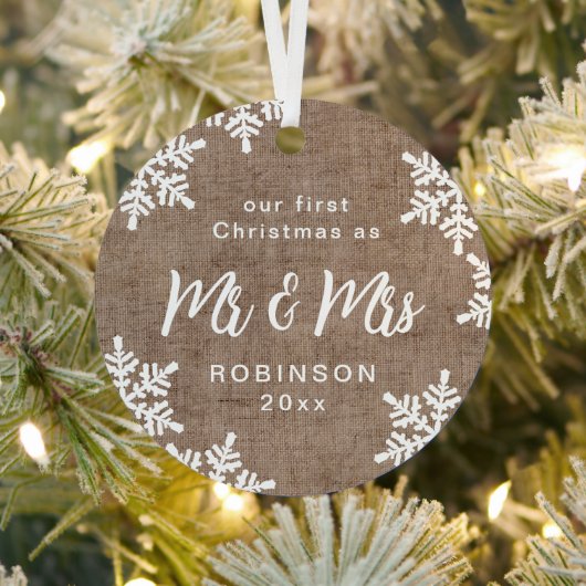 Burlap Snowflakes Our First Kerstman Mr & Mrs. Metalen Ornament (Insitu)