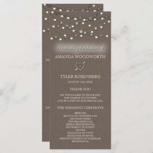 Burlap Star String Lights Rustieke Trouwprogramma' Programmakaart (Voorkant / Achterkant)