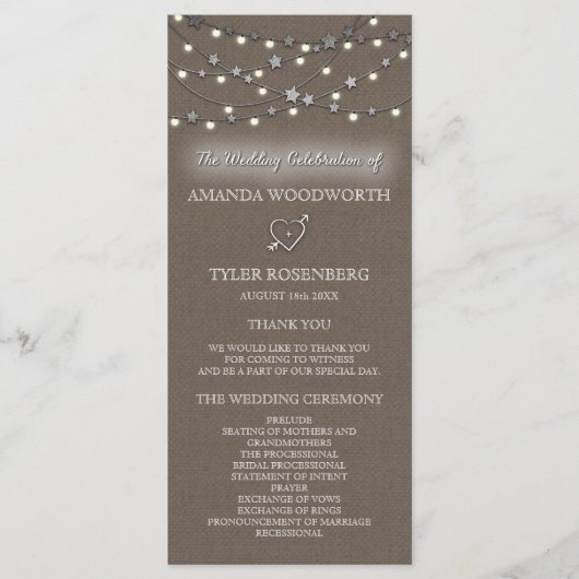Burlap Star String Lights Rustieke Trouwprogramma' Programmakaart (Voorkant)