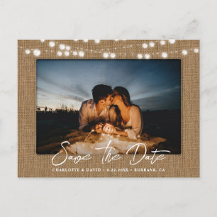 Burlap String Lights Trouwfoto Sla de datum op Aankondigingskaart