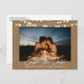 Burlap String Lights Trouwfoto Sla de datum op Aankondigingskaart (Voorkant / Achterkant)