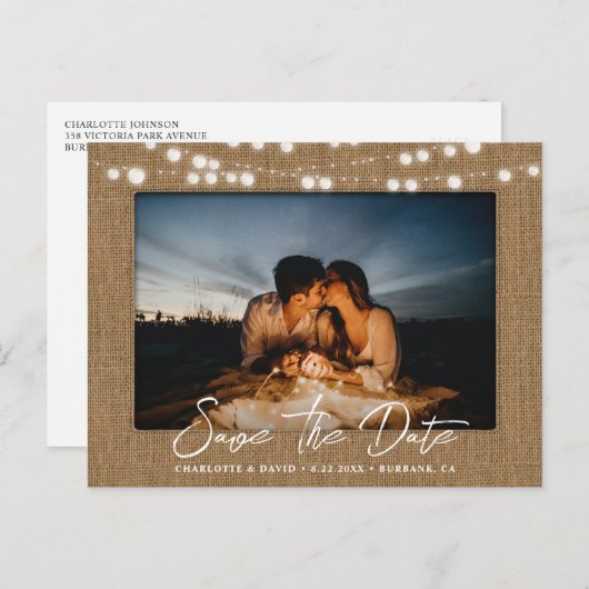 Burlap String Lights Trouwfoto Sla de datum op Aankondigingskaart (Voorkant / Achterkant)